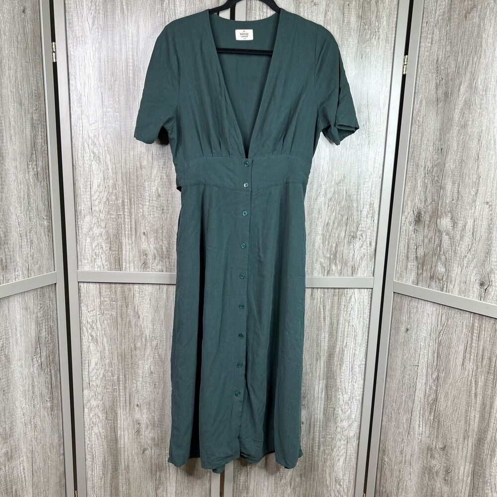 Marine Layer Dress Large Green Button Front Waisted Midi Dark Green